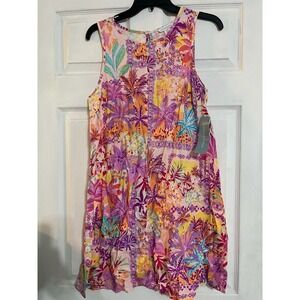 London Times Womens Pink Tropical Palm Linen Blend Shift Dress T8089M Size M NWT